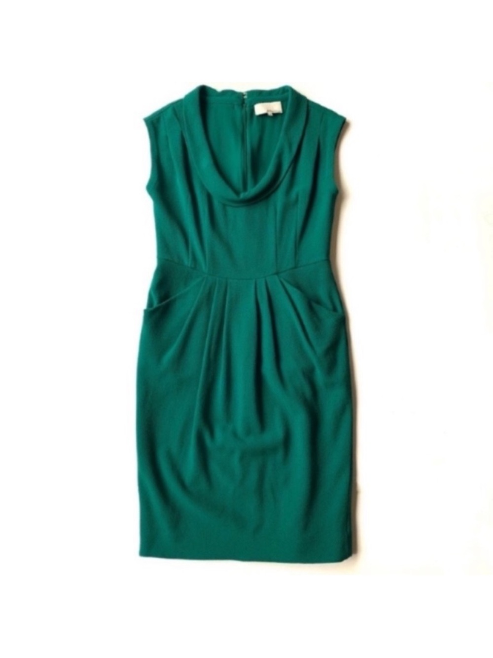 3.1 Phillip Lim Emerald Green Sleeveless Silk and Wool Sheath Dress Draped Cowl